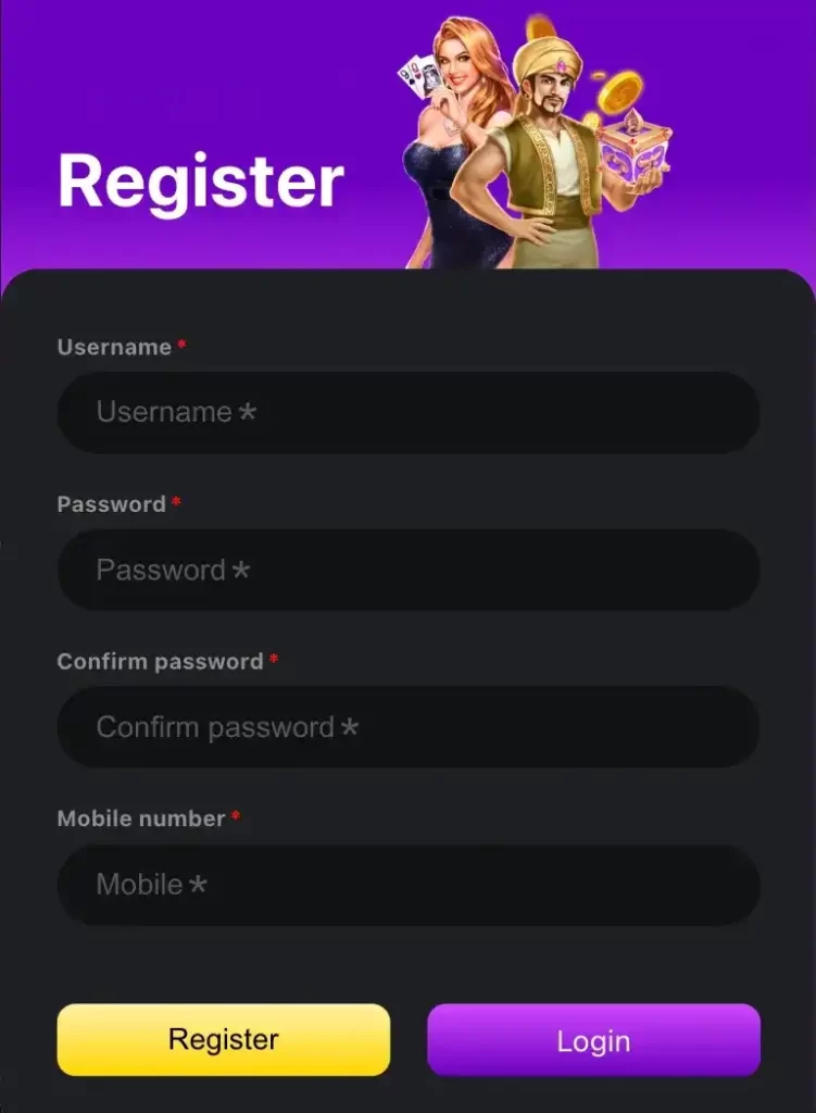5n5n registration illustration with login, register, games, download, app, casino, and online casino options